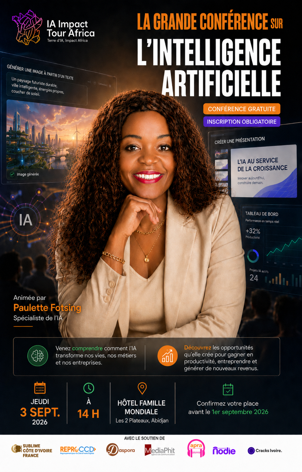 Affiche de la Grande Conférence sur l'Intelligence Artificielle animée par Paulette Fotsing à Abidjan